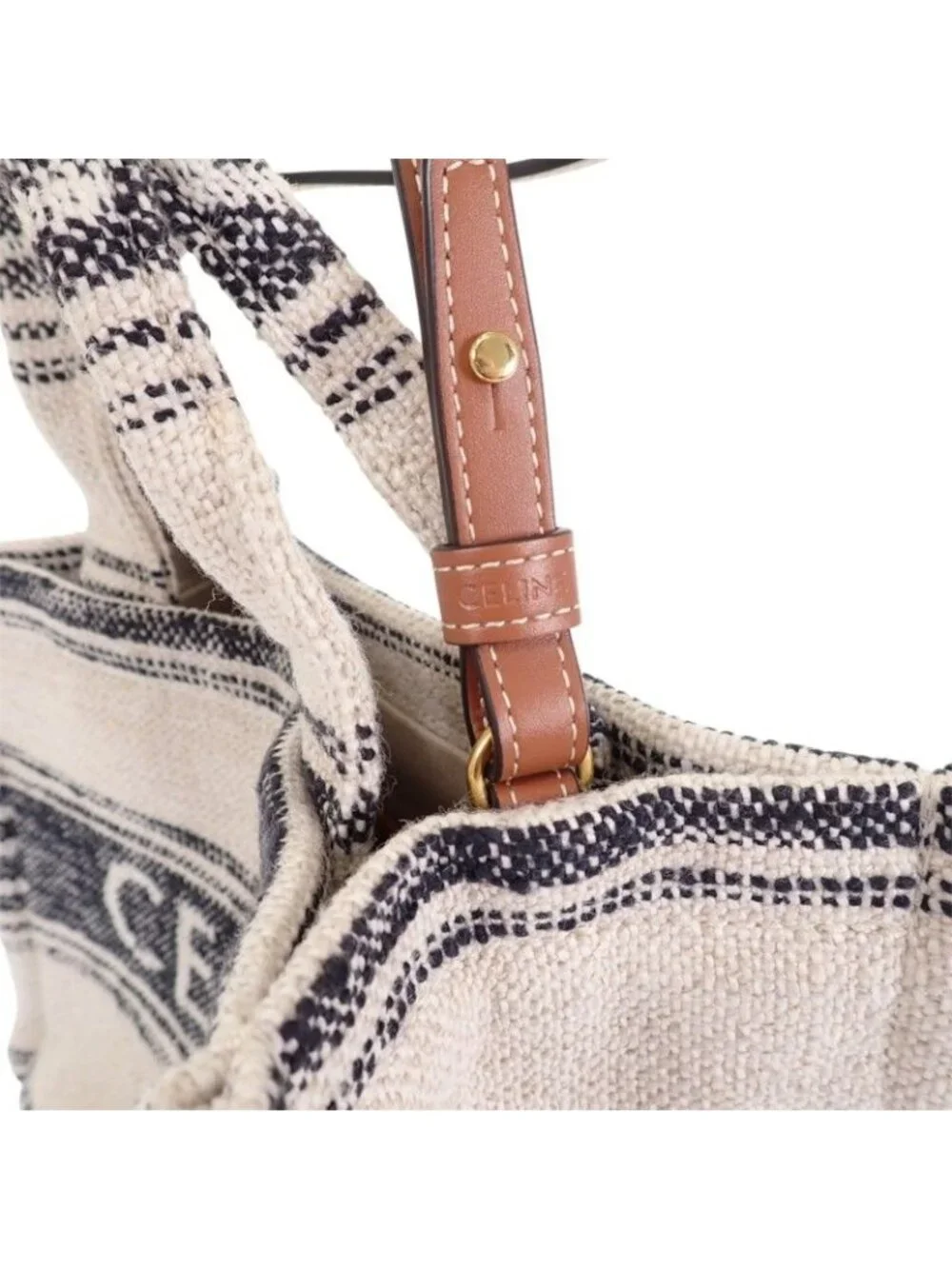 Celine Small Cabas Thais Jacquard Shoulder Bag Tote Cotton Calfskin White Navy
